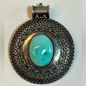 Unmarked Large Vintage Sterling Silver 925 Turquoise Pendant intricate metalwork